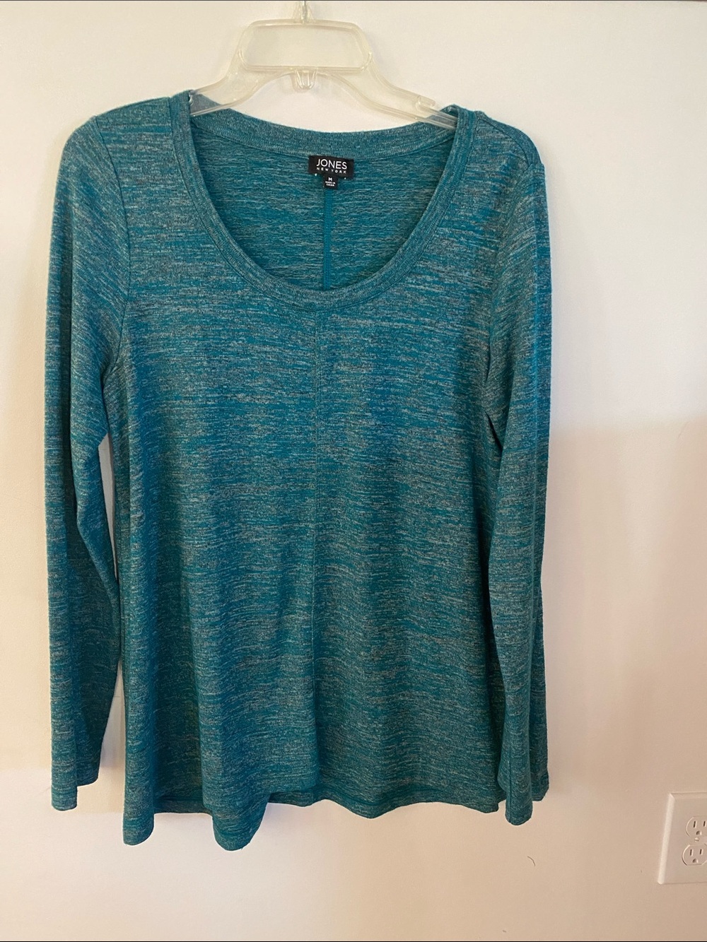 Jones New York Teal Heathered Scoop-Neck Long Sleeve Top